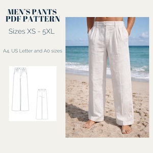 Op de afbeelding: Witte linnen broek met een geplooide voorkant, getoond op een persoon op een zandstrand. De afbeelding bevat een diagram van de broek en de tekst: "MEN'S PANTS PDF PATTERN" en "Sizes XS - 5XL".