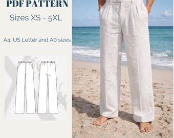 メンズワイドレッグパンツ型紙（XS～5XL）（デジタルダウンロード）