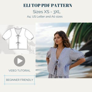 May include: A digital PDF pattern for sewing a tie-front top. The pattern includes sizes XS to 3XL and is available in A4, US Letter, and A0 sizes. The image shows a line drawing of the top and a photo of a woman wearing a similar top.