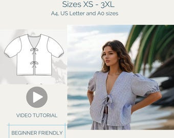 Puffed Sleeve Top, Digital Sewing Pattern, Instant Download, Front Tie Blouse, XS-XXXL, Beginner Friendly, Instant Download.