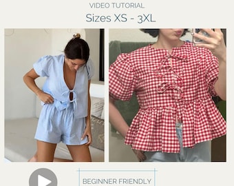 Puffed Sleeve Top & Shorts Sewing Pattern: Bow Front Blouse (XS-XXXL) (PDF Pattern)