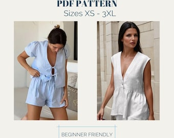 Puffed Sleeve Top & Shorts Sewing Pattern Bundle (XS-XXXL) - Linen PDF Download