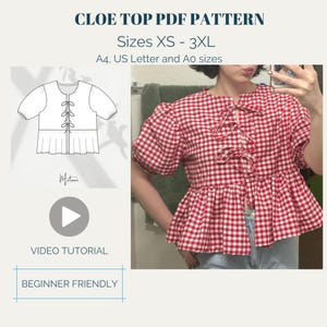 Puffed Sleeve Peplum Top Sewing Pattern: Bow Front Blouse (XS-XXXL) (Digital Download)