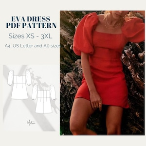 Dress With Puff Sleeve Sewing Pattern, Woman Digital Sewing Pattern, Instant Download, XS-XXXL, Summer Dress Pattern, Written Instructions.