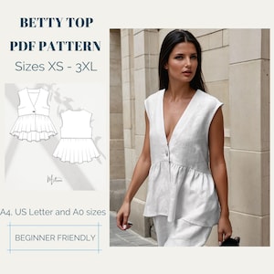 Peut inclure: Haut sans manches blanc avec un col en V et un basque plissé. L'image comprend un schéma du haut et le texte "BETTY TOP PDF PATTERN Tailles XS - 3XL". Le texte "BEGINNER FRIENDLY" est également visible.