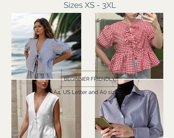 Tops Sewing Pattern Bundle: Puffed Sleeve, Bow Front Blouse (XS-XXXL) (PDF Pattern)