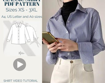 Woman Long Sleeve Classic Shirt Pattern + Shirt Video Tutorial, Digital Sewing Pattern, Instant Download, XS-XXXL, Illustrated Instructions.