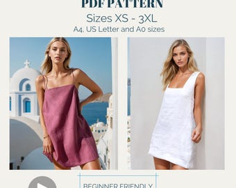 May include: Two women wearing sleeveless dresses, one in a pink dress and the other in a white dress. The text "SOPHIE AND MEGAN DRESS BUNDLE PDF PATTERN Sizes XS - 3XL A4, US Letter and Ao sizes BEGINNER FRIENDLY VIDEO TUTORIALS" is displayed on the image.