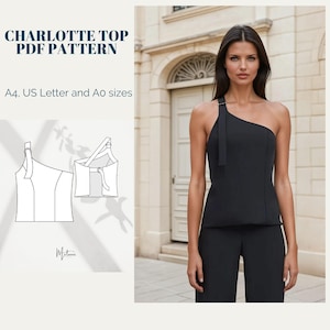 Puede incluir: Un top negro de un solo hombro con un detalle de nudo. El top es ajustado y tiene una longitud ligeramente recortada. El top se muestra en una modelo de pie frente a un edificio con una puerta blanca. El texto "CHARLOTTE TOP PDF PATTERN" y "A4, US Letter and Ao sizes" es visible en la imagen.