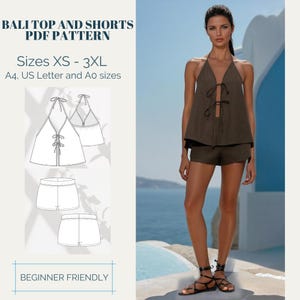 May include: A woman in a brown halter top and shorts. The image includes a pattern for a Bali top and shorts, sizes XS-3XL, and the text "BEGINNER FRIENDLY".