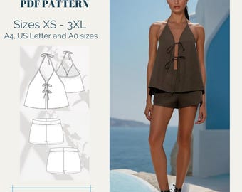 Bali Top and Shorts Sewing Pattern: Linen Front Tie Blouse (XS-XXXL) (Digital Download)