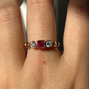 Vintage Art Deco Inspired Ruby and Diamond Ring: 18k Yellow Gold, Size 6