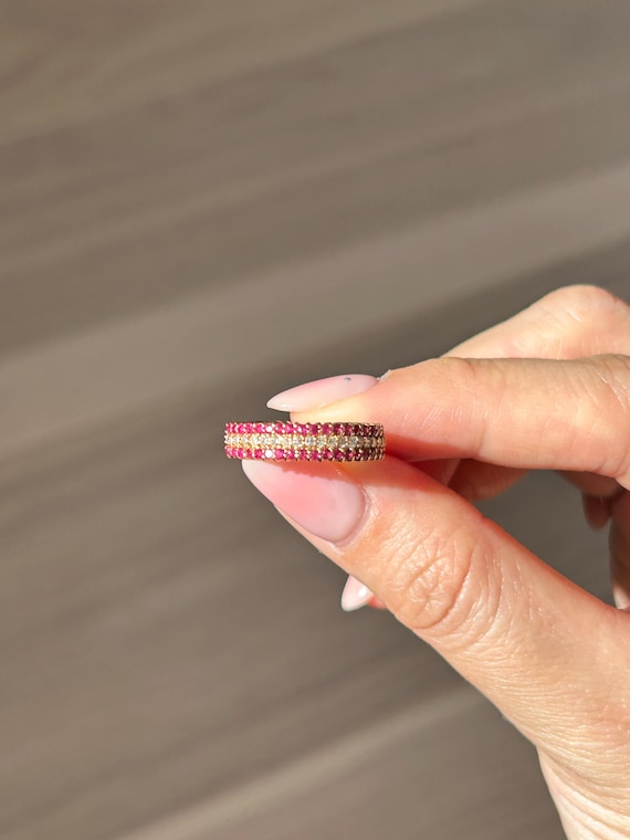 Vintage 18k Triple Row Diamond and Ruby Ring: US … - image 4