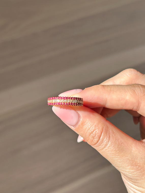 Vintage 18k Triple Row Diamond and Ruby Ring: US … - image 2
