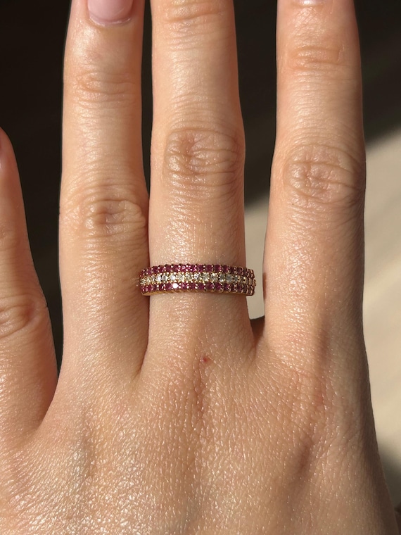 Vintage 18k Triple Row Diamond and Ruby Ring: US … - image 1