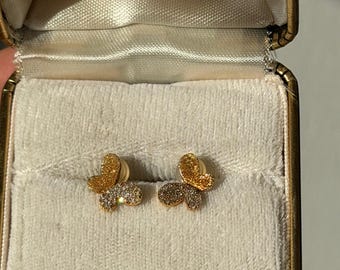 Vintage 18k Gold Pave Diamond Butterfly Stud Earrings