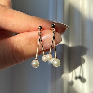 Unique 14k solid yellow gold pearl drop earrings, pearl dangle earrings, drop earrings, pearl earrings, genuine Akoya salt water pearls