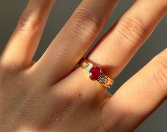 Vintage 18k Gold Art Deco Inspired Half Bezel Set Ruby and Emerald-Cut Diamond Ring