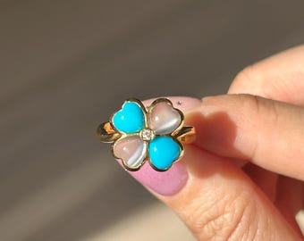 Vintage 18k Mondstein und Türkis vierblättriges Kleeblatt Ring
