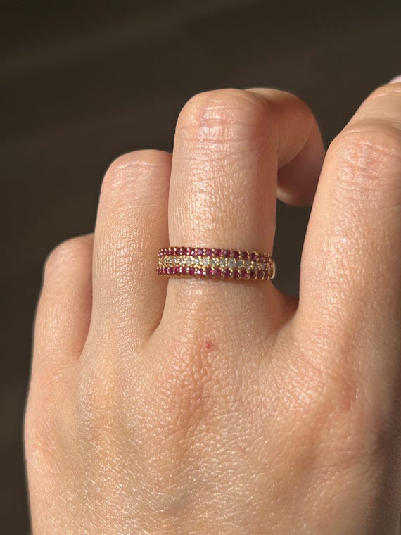 Vintage 18k Triple Row Diamond and Ruby Ring: US … - image 3