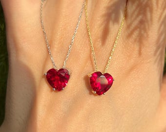 Ruby Heart Cut Necklace, July Birthstone Necklace, Gold Engagement Necklace, 925 Sterling Silver Necklace, Valentine&#39;s Day Gift
