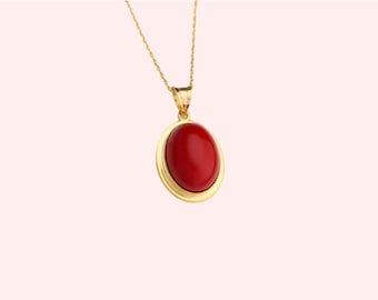 Red Coral Necklace, Gemstone Necklace, Red Oval Necklace, Handmade Jewelry, Anniversary Gift for Her, 925 Sterling Silver and Solid Gold