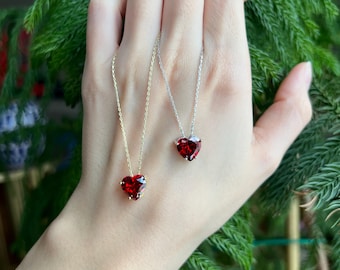 Garnet Heart Cut Necklace, January Birthstone Necklace, Gold Engagement Necklace, 925 Sterling Silver Necklace, Valentine&#39;s Day Gift