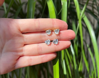 Diamond Heart Stud Earrings, April Birthstone Earrings, Heart Cut Earrings, Minimalist Earrings, Silver Earrings, Valentine's Day Gift