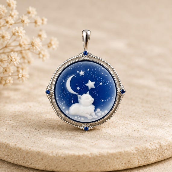 Handmade Animal Cameo Pendant, Blue Agate Cat Dog Lion Pendant, Hand Carved Resin Cameo, Silver Plated Jewelry,  Pet Lover Gift