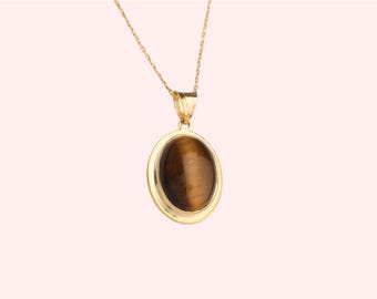 Tiger's Eye Necklace, Natural Gemstone Necklace, Brown Oval Necklace, Stylish Necklace, Gift for Her, 925 Sterling Silver and Solid Gold