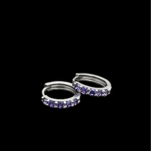 May include: A pair of silver hoop earrings with a row of purple gemstones.