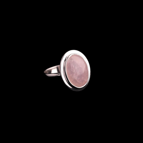 Anillo de cuarzo rosa, piedra preciosa natural, anillo ovalado rosa, regalo elegante y con estilo, joyería hecha a mano, anillo familiar, plata de ley 925, oro macizo