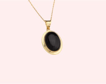 Onyx Necklace, Natural Gemstone Necklace, Black Oval Necklace, Handmade Jewelry, Gift for Her, 925 Sterling Silver and Solid Gold Necklace
