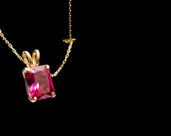Ruby Solitaire Necklace, Emerald Cut Necklace, July Birthstone Necklace, Gold Engagement Necklace, 925 Sterling Silver Necklace