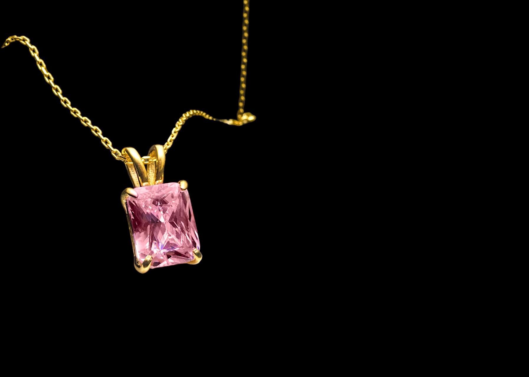 Pink Tourmaline Solitaire Necklace, Emerald Cut Necklace, October Birthstone Necklace, Gold Engagement Necklace, 925Sterling Silver Necklace