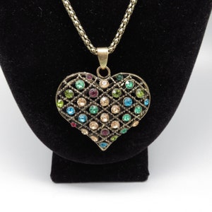 Vintage Brass Tone Rhinestones large Puffy Heart Pendant Necklace 27&quot; long