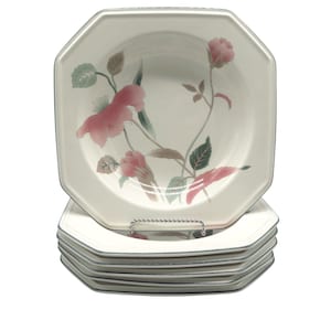 May include: Set of six white octagonal soup bowls with a floral design featuring pink flowers and green leaves.