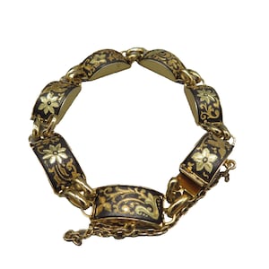 Spanish Damascene flowers birds black & gold toned vintage 7" bracelet
