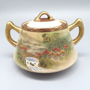 Japanese Satsuma Hand Painted Porcelain Sugar Bowl with lid