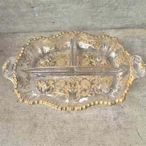 Cambridge Candlelight crystal Relish Tray Gold Trim, Divided Dish 3 dividers 4 footed