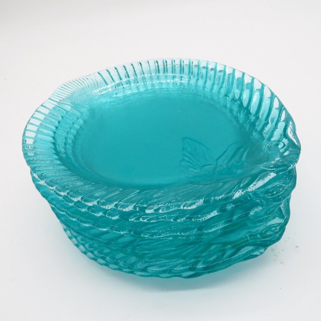 Aqua Arcoroc Style Glass Fish Plate Set of 4 Trinket Dish Beach Themed