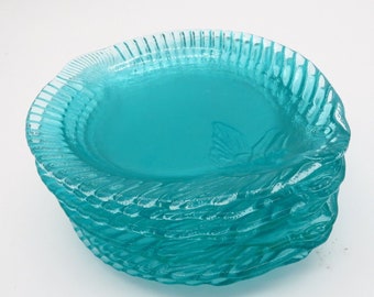 Aqua Arcoroc style glass Fish Plate Set of (4) trinket dish beach themed VTG