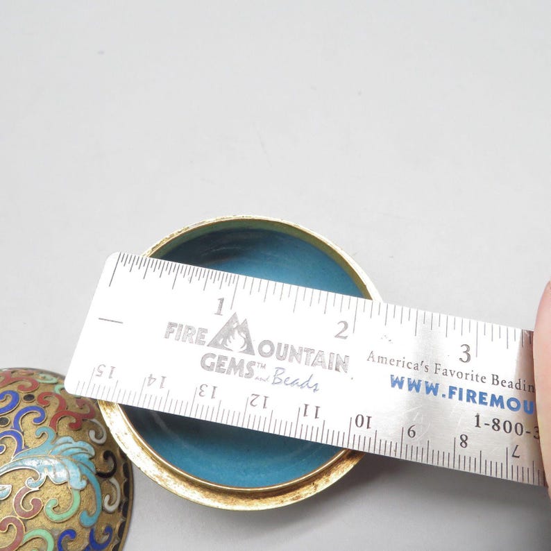 Vintage Chinese floral design cloisonne trinket box small 2.5" enamel brass image 7