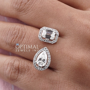 2.60 Carat E/VVS2 IGI Certified/ Emerald & Pear Cut Lab Grown Diamond Ring/ Halo Set Two Stone Wedding Ring/ Toi Et Moi Engagement Ring