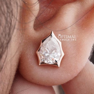 Pear Moissanite Diamond Earring/ Push Back Diamond Earring/ Bezel Set Diamond Stud Earring/ 18K Solid Yellow Gold Earring/ Solitaire Earring