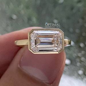 3.00 CTW East West Emerald Moissanite Ring, Emerald Cut Diamond Wedding Ring, Bezel Set Ring, Solitaire Diamond Ring, Yellow Gold Ring Gift
