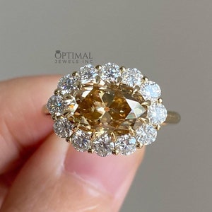 Antique Oval Cut Champagne Moissanite Ring, 3.50 Ctw Halo Set Round Diamonds , Yellow Gold Wedding Ring, Old Mine Cut Diamond, Bridal Ring