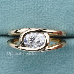 14K Yellow Gold Diamond Ring/ Oval Moissanite Engagement Ring/ Bezel Set Diamond Ring/ Solitaire Diamond Ring/ Double Band Wedding Ring