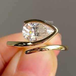 2.00 CTW Solitaire Pear Moissanite Engagement Ring, Pear Cut Diamond Ring, Bezel Set Wedding Ring, 14k Yellow Gold Ring, Promise Ring Gift