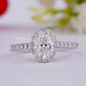 2 Carat IGI CERTIFIED E/VVS2/ Oval Cut Lab Grown Diamond Ring/ Solitaire Halo Set Engagement Ring/  Unique White Gold Wedding Ring For Bride